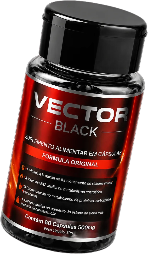 Frasco do Vector Black flutuante em perspectiva, com o rótulo oficial em destaque